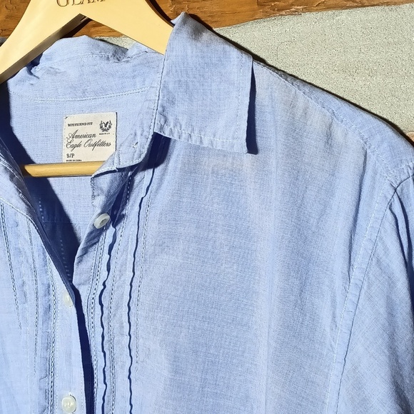 Classic ruffle button down academia white stitching boyfriend fit light blue S - Picture 4 of 8